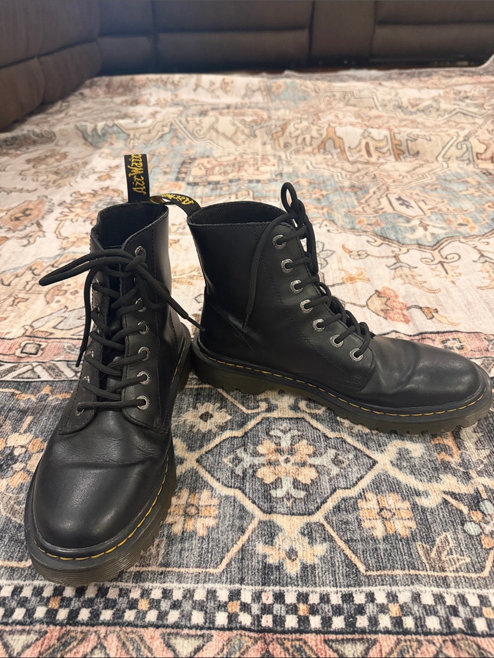 Dr. Martens Black Leather Lace-Up Combat Boots with Yellow Stitching